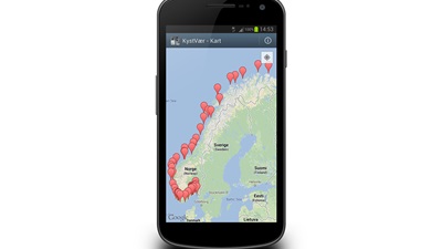 Mobiltelefon med visning av Norgeskartet i Kystvær