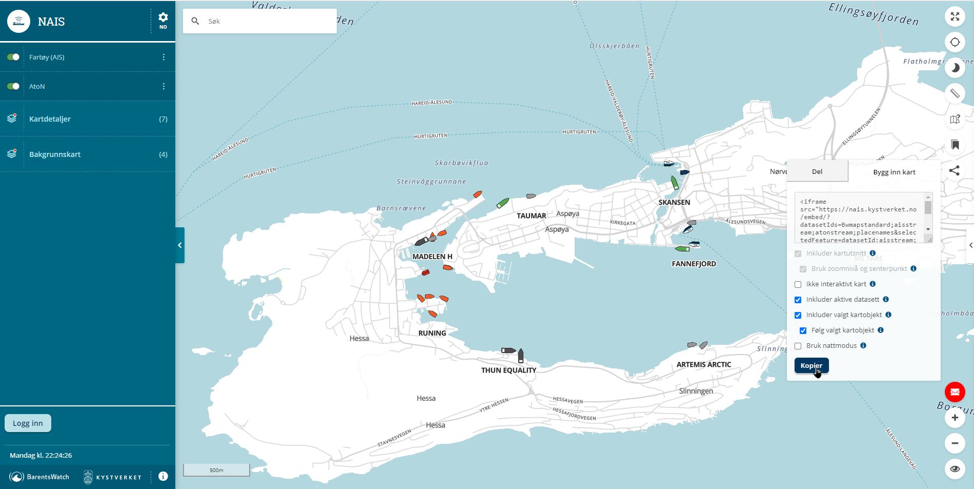 Eksempel fra NAIS hvordan man kan dele et område med sjøtrafikk.