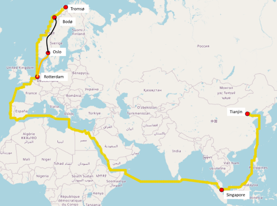 Visualisering av grønn, intermodal transportkorridor fra Kina til Tromsø.png