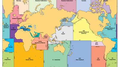 Kart over de 21 NAVAREAS (eller METAREAS) som alle verdenshavene er delt inn i.
