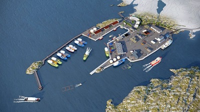 Bømlo fiskerihamn får tilsagn om nesten 22,5 millioner kroner. Illustrasjonen av området i Hovlandshagen viser mulig løsning, men ikke bindende for detaljplanleggingen. 