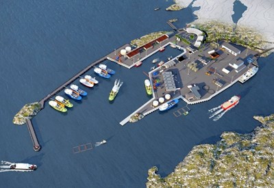 Bømlo fiskerihamn får tilsagn om nesten 22,5 millioner kroner. Illustrasjonen av området i Hovlandshagen viser mulig løsning, men ikke bindende for detaljplanleggingen. 